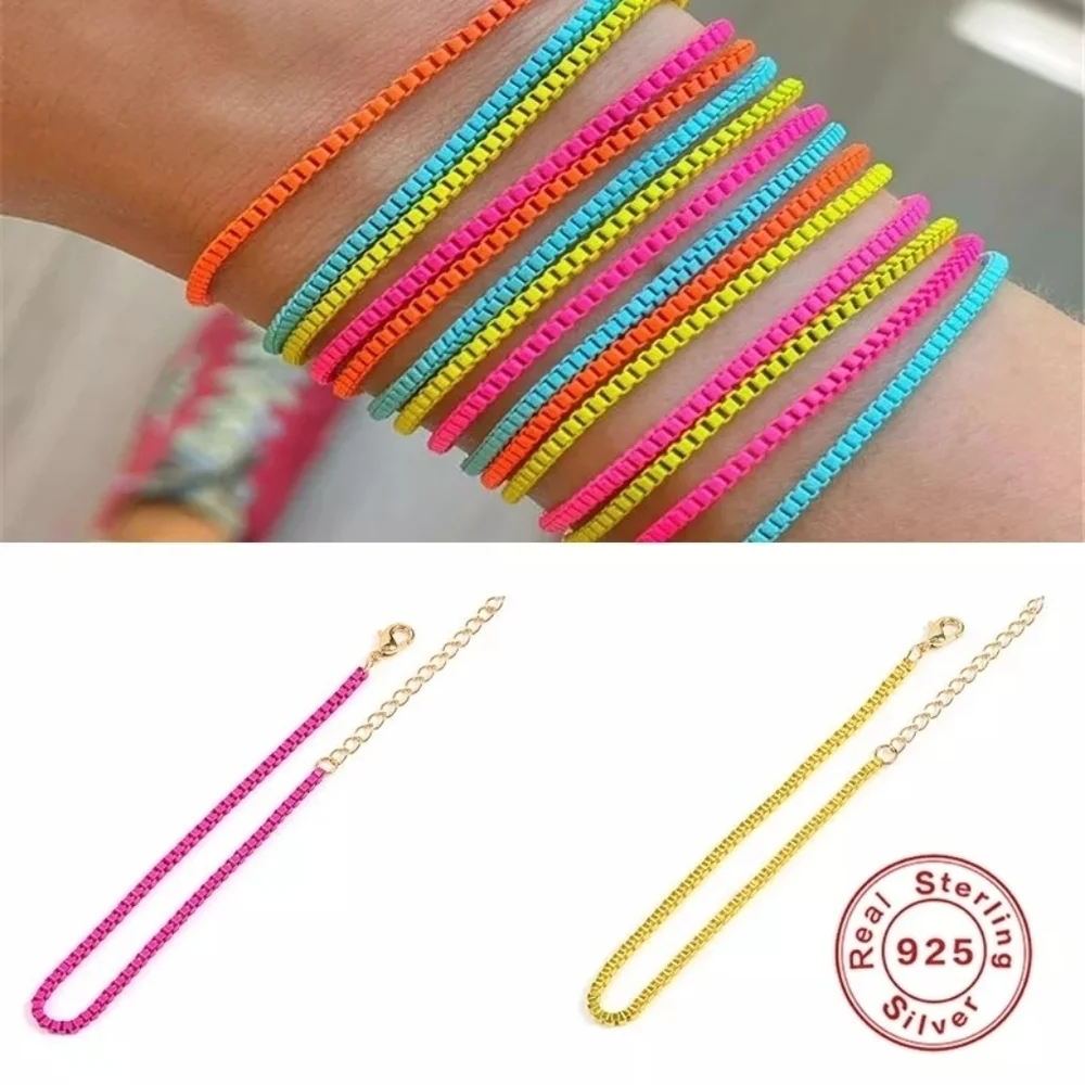 NEW Pink Enamel Plated 925 Silver Adjustable Box Chain Bracelet‎